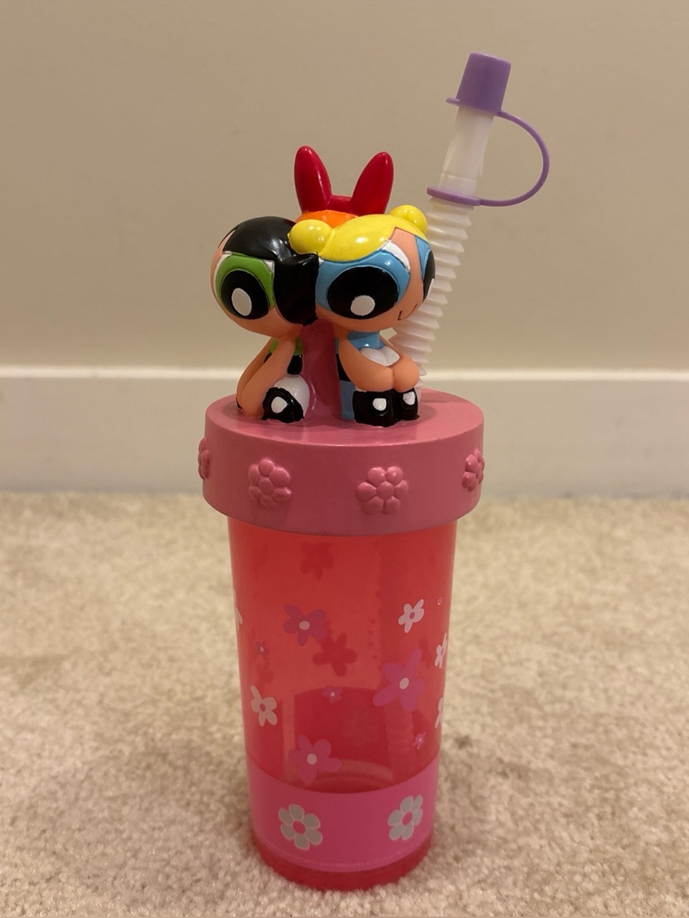 Powerpuff Girls 3D Figures Pink Plastic Drink Cup Bottle 2002 Zak Designs NEW